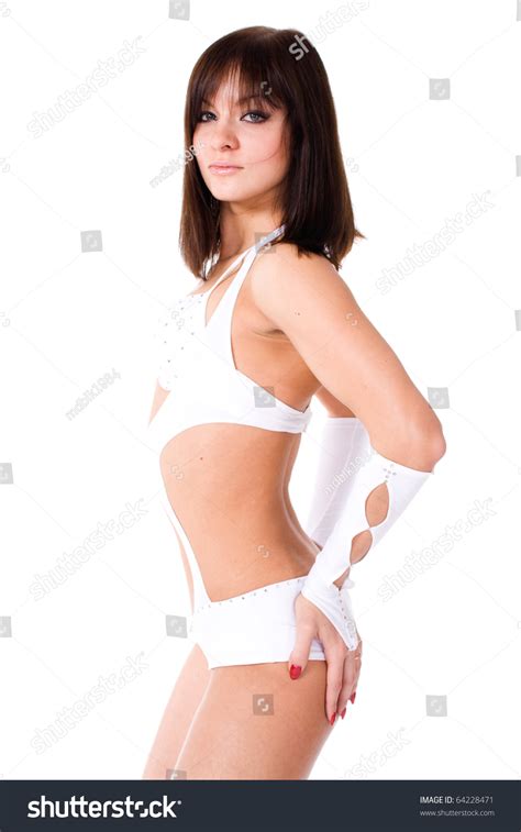Sexy Brunette White Bikini Dancing On Stock Photo 64228471 Shutterstock