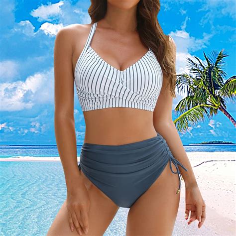 Tankini Set Womens High Waisted Bikini Sets Drawstring Swimsuits Crisscross Tie Back Bathing