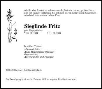 Traueranzeigen Von Fritz U Sieglinde Saarbruecker Zeitung Trauer De