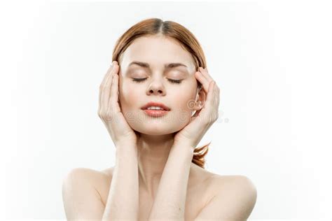 Pretty Woman Naked Shoulders Cosmetics Smile Hands Near Face Stock Photo Image Of Background