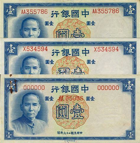 民国二十六年（1937年）中国银行德纳罗版壹圆共3种不同，详分：无字轨样本券正背共2枚、单字轨正票、双字轨正票；森本勇先生藏品，未折九成至