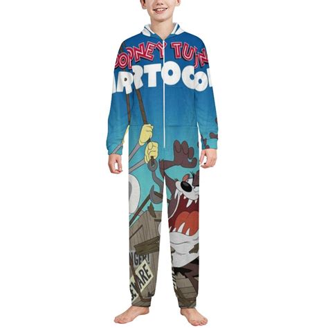 Looney Tunes Cartoons Kids One Piece Pajama Hooded Union Suit PJs