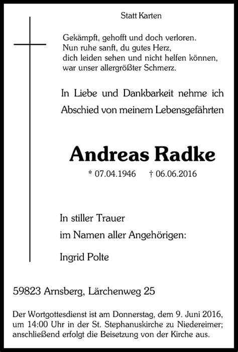 Traueranzeigen Von Andreas Radke Trauer In Nrw De