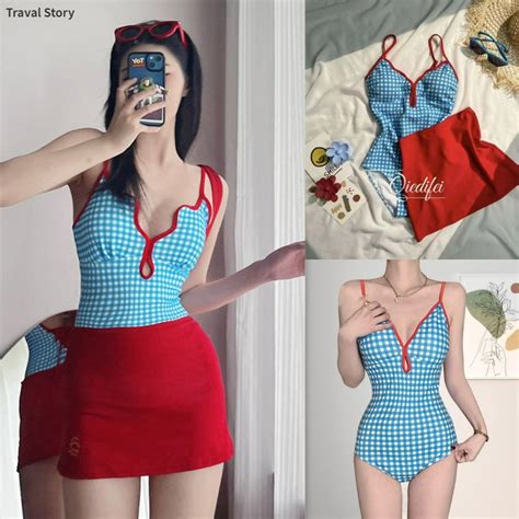 Women S Swimsuit Cute And Sweet Bikini One Piece Swimsuit Korean Style Fashion Plaid Beach