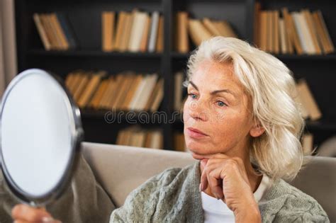 Love Yourself Beautiful Old Mature Woman Enjoying Mirror Reflection Stock Photo Image Of