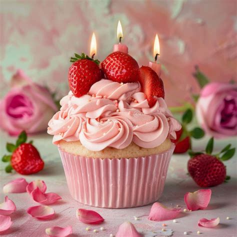 Pink Cupcake Topped With Strawberries And Candles Stock Illustration