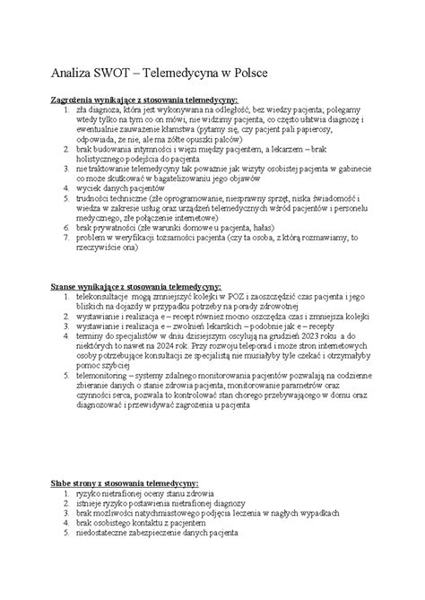System informacji w ochronie zdrowia - Analiza SWOT – Telemedycyna w