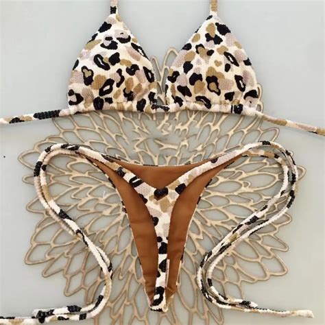 Lace Up Leopard Print Halter Bikini Set With Thong High Waist Cherry Print