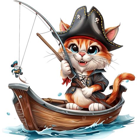 Funny Cat In Pirate Costume Fishing On Boat Cartoon, Buoy, Costume