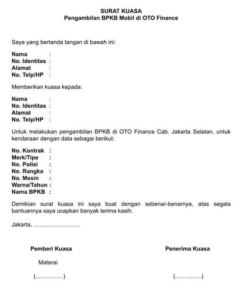 Contoh Surat Kuasa Pengambilan BPKB OTO Finance Lengkap