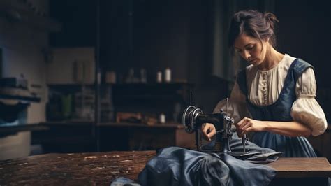 Retrato De Una Joven Costurera Trabajando En Una M Quina De Coser Fondo