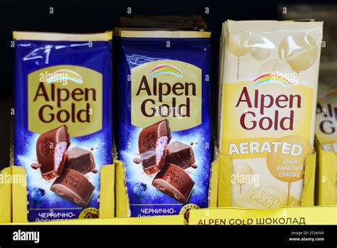 Tyumen, Russia-October 15, 2023: Different Alpen Gold chocolate, on the ...