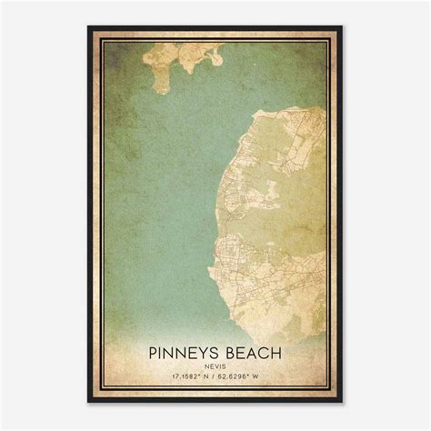 Vintage Pinneys beach Nevis Map Poster, Pinneys beach City Road Wall