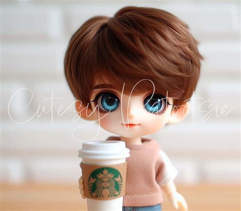 Cute Brunette Short Brown Hair Pixie Cut Blue Eyes Donut Coffee Lover Print Girl Doll Photo