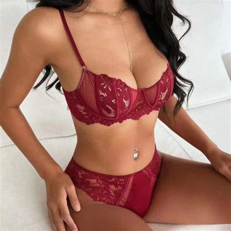 ENSEMBLE LINGERIE Femme Anti Affaissement Dentelle Ultra Fine A Mode Sexy Polyvalente Rouge