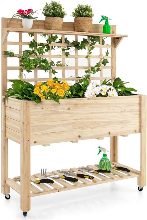 Amazon Rolling Raised Garden Bed With Trellis Wood Planter Box On