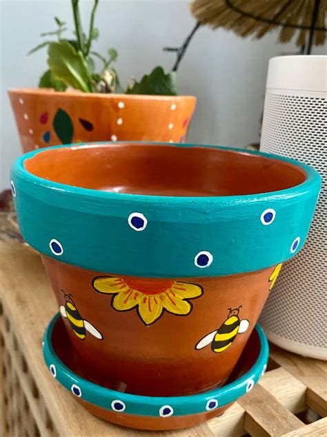 Handpainted Terracotta Pots With Saucer Cm Painted Pots Uk Etsy Uk