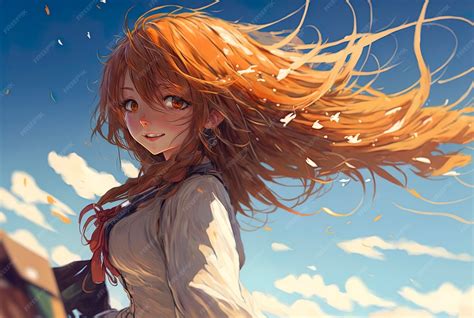 cute long haired anime girl enjoying breeze beautiful red haired anime