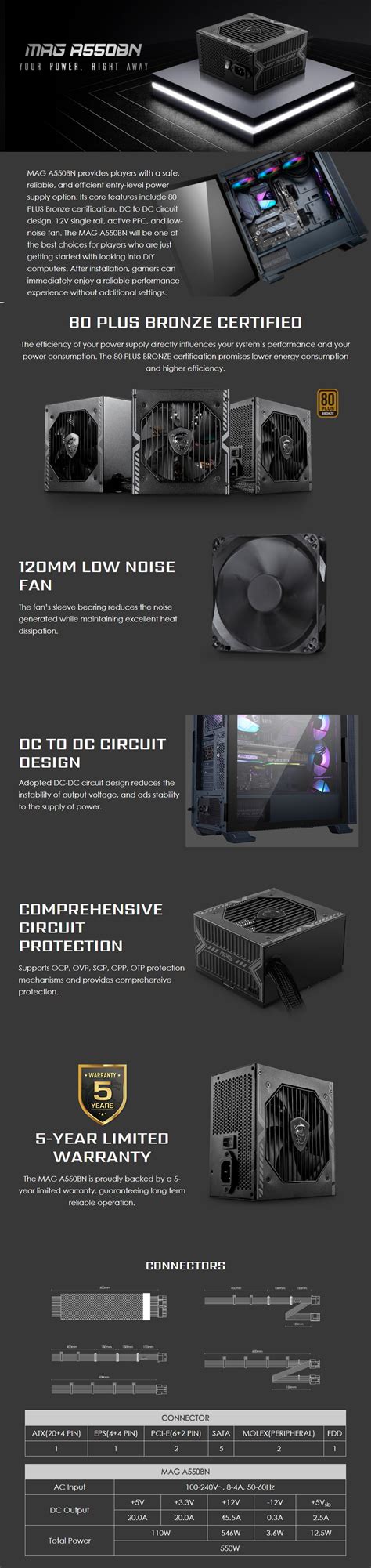 MSI 550W MAG A550BN 80+ Bronze Power Supply (MAG A550BN) - Umart.com.au