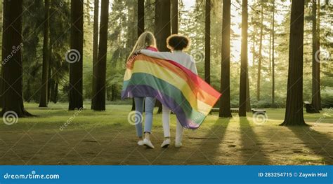 Two Lesbian Girls Wrapped In Rainbow Flag Concept Of Lgbt Pride Ai Generated Stock