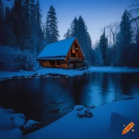 Snow Covered Log Cabin Near A Frozen Lake On Craiyon