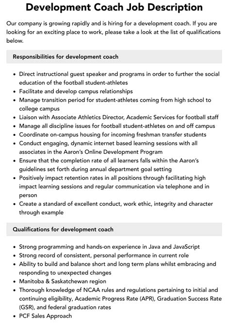 Development Coach Job Description Velvet Jobs