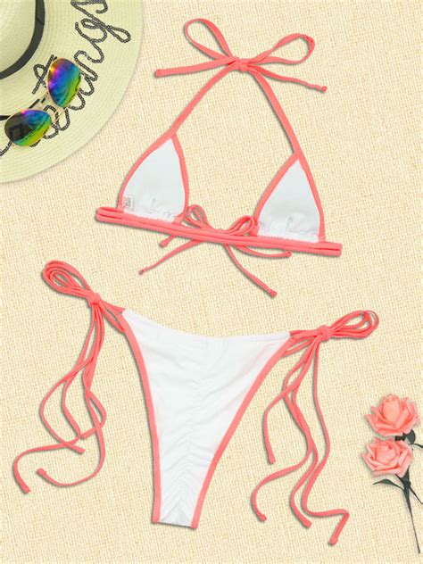 Women Bikini Swimsuit Red Drawstring Straps Neck Open Shoulder Lace Up Summer Sexy Swimming