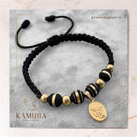 Pulsera Artesanal Oro K San Miguel Arc Ngel En Negro Kamuba Joyer A