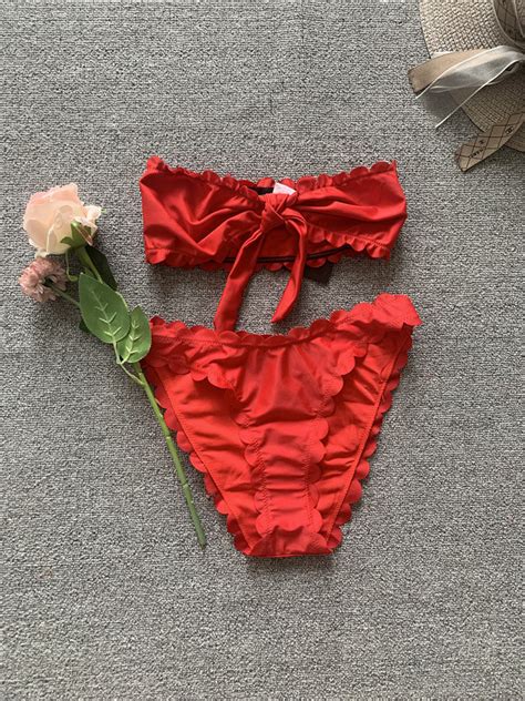 Flower Wavy Edge Bikini Set For Women Sexy Beach Solid Red Swimsuit Padded Bra Bikini China