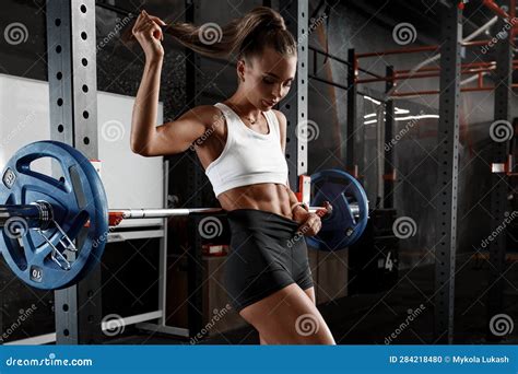 Fitness Woman Showing Abs And Flat Belly In Gym Athletic Girl Shaped