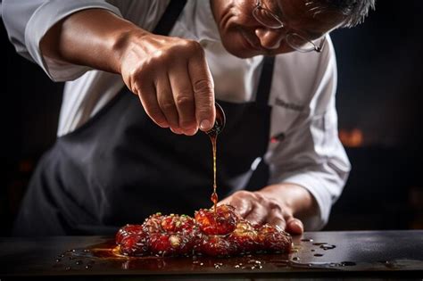 Premium Photo A Chef Basting Meat With Barbecue Sauce