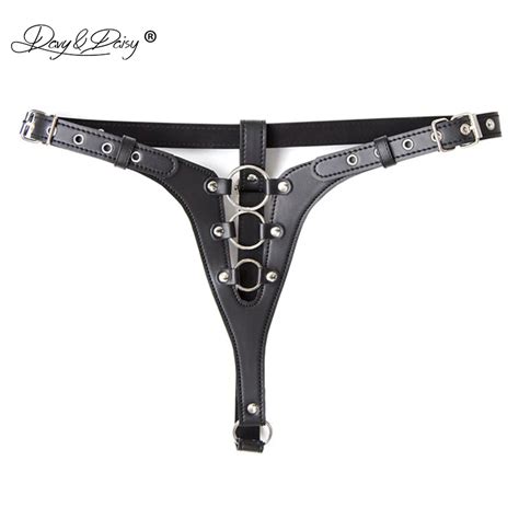 DAVYDAISY Women Chastity Belt Metal Rings Sexy Panties PU Leather Thongs Sexy Lingerie Exotic