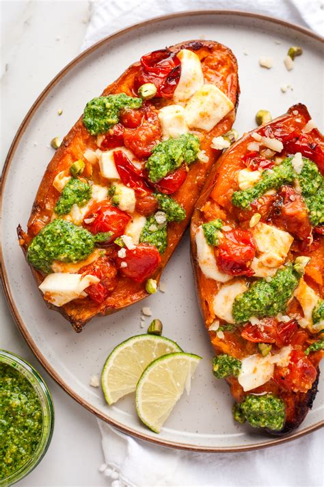 Summer Sweet Potatoes with Tomatoes, Mozzarella & Pesto - Happy Veggie