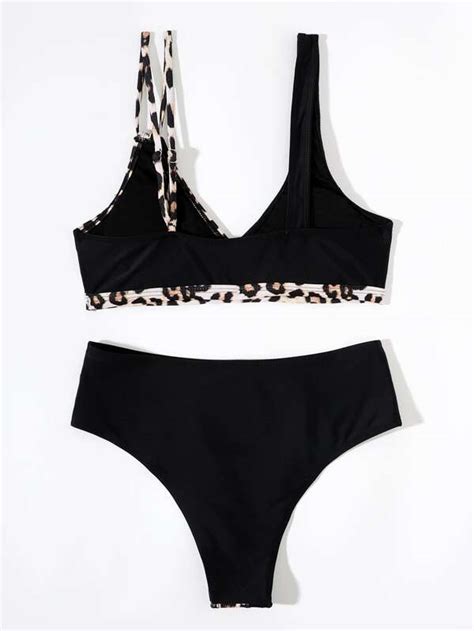 Conjunto de bikini de leopardo Top sin aros con hombros recortados y traje de baño de 2 piezas