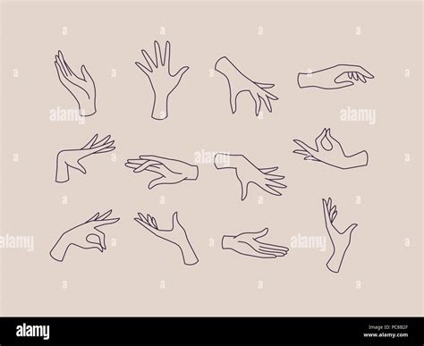 Hands Icons Drawing In Flat Style With Black Lines On Beige Background