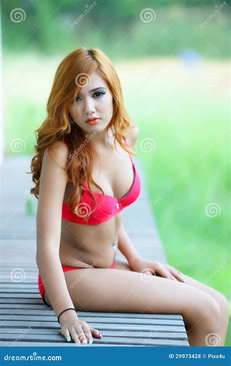 Jeune Belle Femme Asiatique Dans La Pose Voluptueuse De Lingerie Dehors Photo Stock Image Du