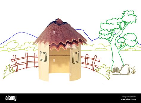 Paper Hut Pencil Shavings Roof With Line Drawing Background Stock