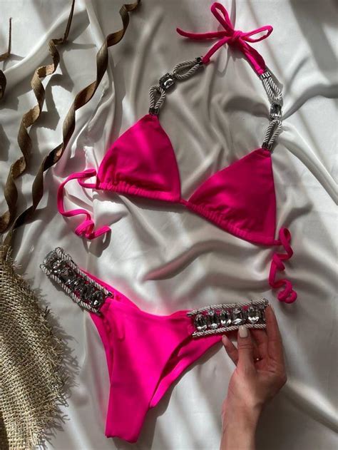 Женский раздельный купальник розовый с камнями стильный пляжный с ...