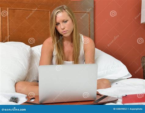 Attractive Blonde Woman In Bed With Laptop Stock Photo Image Of Beautiful Woman 43849852