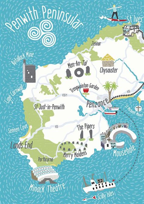 Illustrated Map Of Cornwall Penzance Surfing St Ives Hand Drawn A4 Art