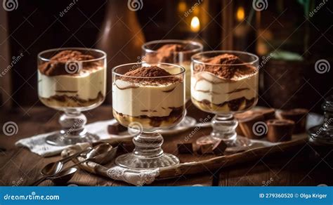 Traditional Dessert Tiramisu In Serving Glasses Stock Illustration