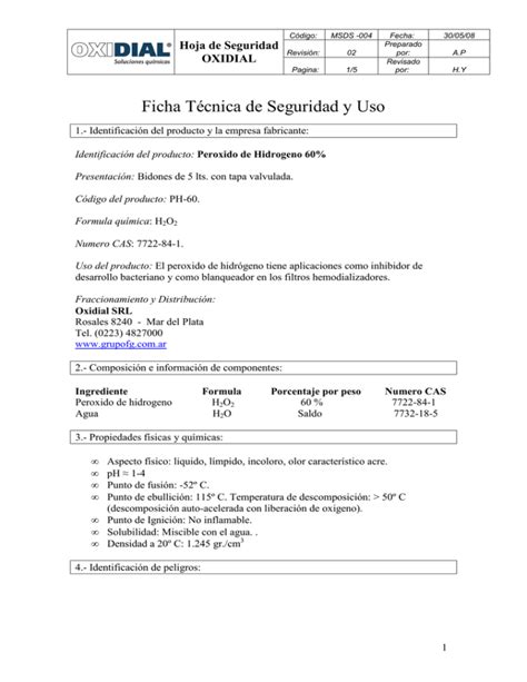 Ficha Tecnica De Seguridad Peroxido De Hidrogeno