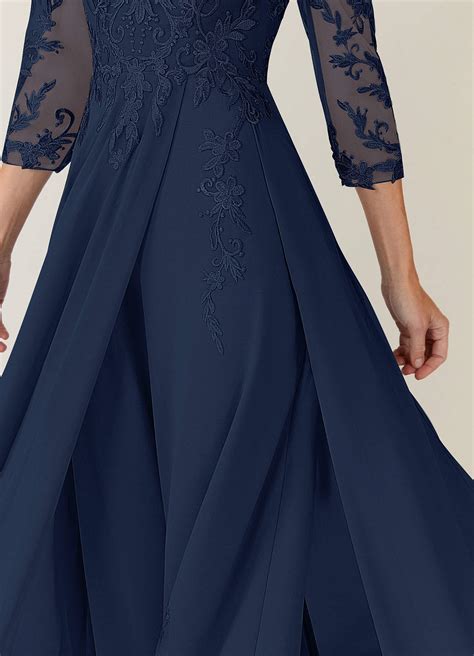 Azazie Noella Dark Navy A Line V Neck Lace Chiffon Dress Azazie