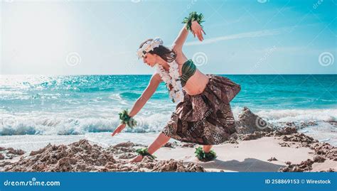 Hula Dancer On The Beach Woman In Bikini Dancing Hawaiian Typical Of