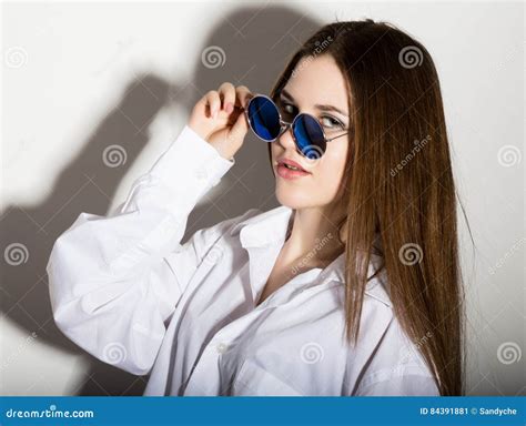 Naked Girl In A Man S White Shirt With Sunglasses Stock Image Image Of Natural Body 84391881