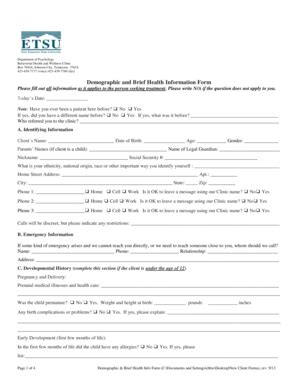 Fillable Online Etsu Demographic And Brief Health Information Form