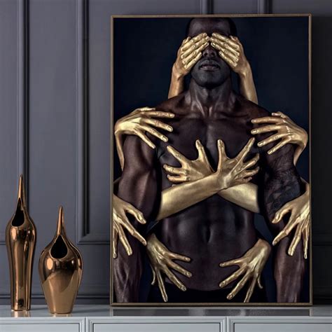 Modern African Art Canvas Print Black Gold Nude Man For Living Room African American Wall Art