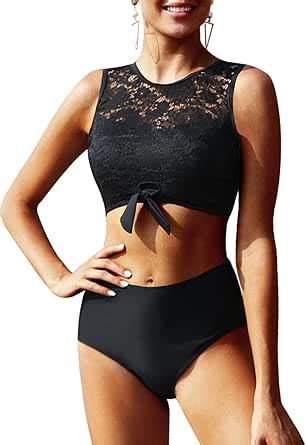 Amazon Tempt Me Women Two Piece Lace Bikini Tie Knot Front High Waisted Swimsuit Bathing