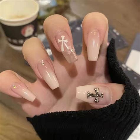 Churchf Coffin Nude Nails Set Press On With Cross Design