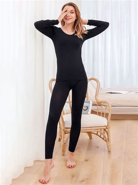 Home Wear Sets Thermal Underwear Nude Winter Jewel Neck Long Sleeves Solid Indoor Nylon Tops And